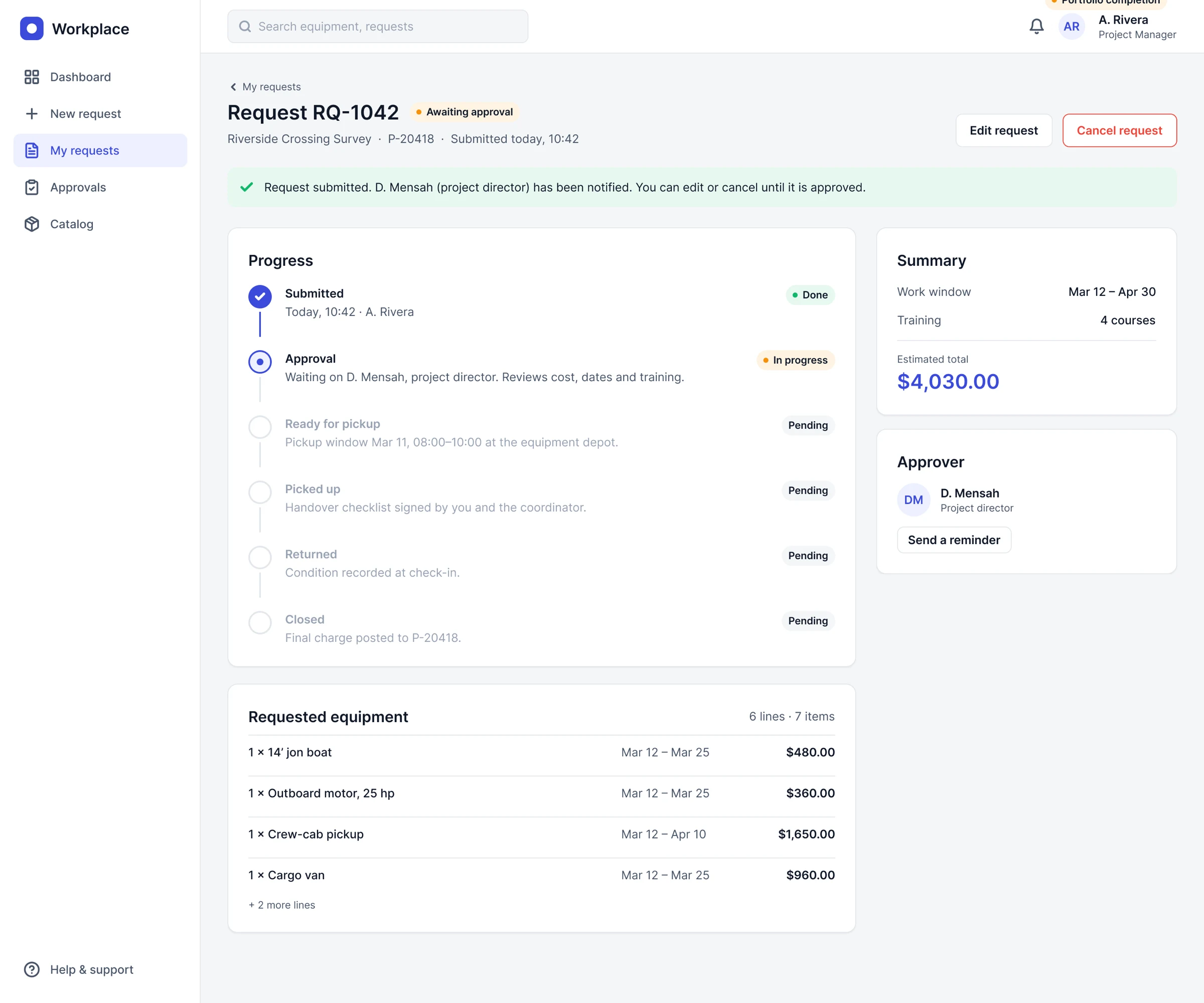 Request status screen with a progress timeline from submit through approval, pickup, return and charge. Labelled as a portfolio completion screen.