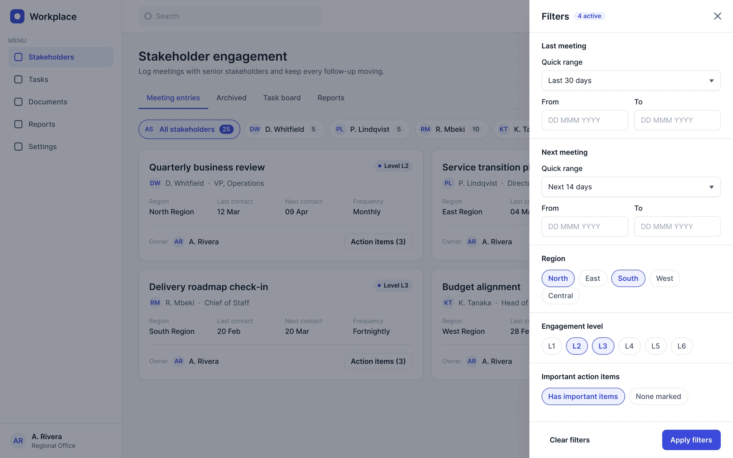 The entries list with a filters drawer grouped into meeting, stakeholder and action item filters, showing an active count.