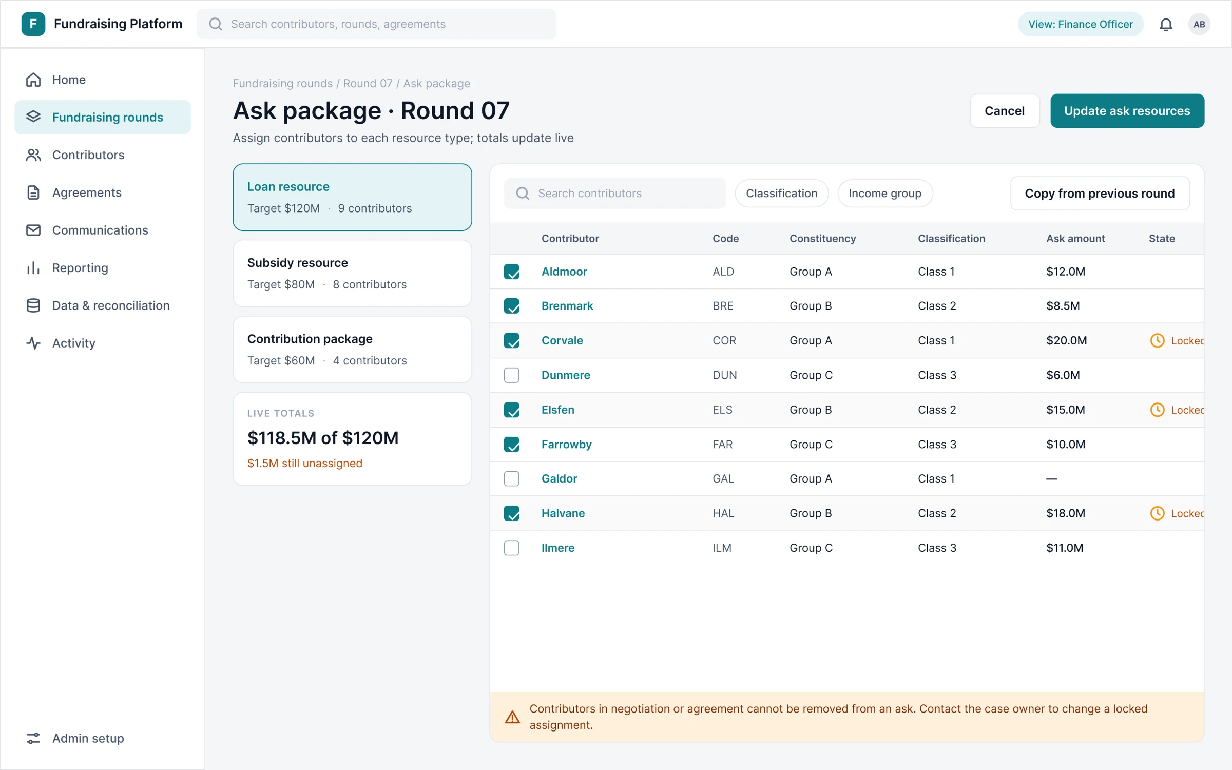 Ask package builder assigning contributors per resource type with live totals, and a locked row explaining it cannot change during negotiation.