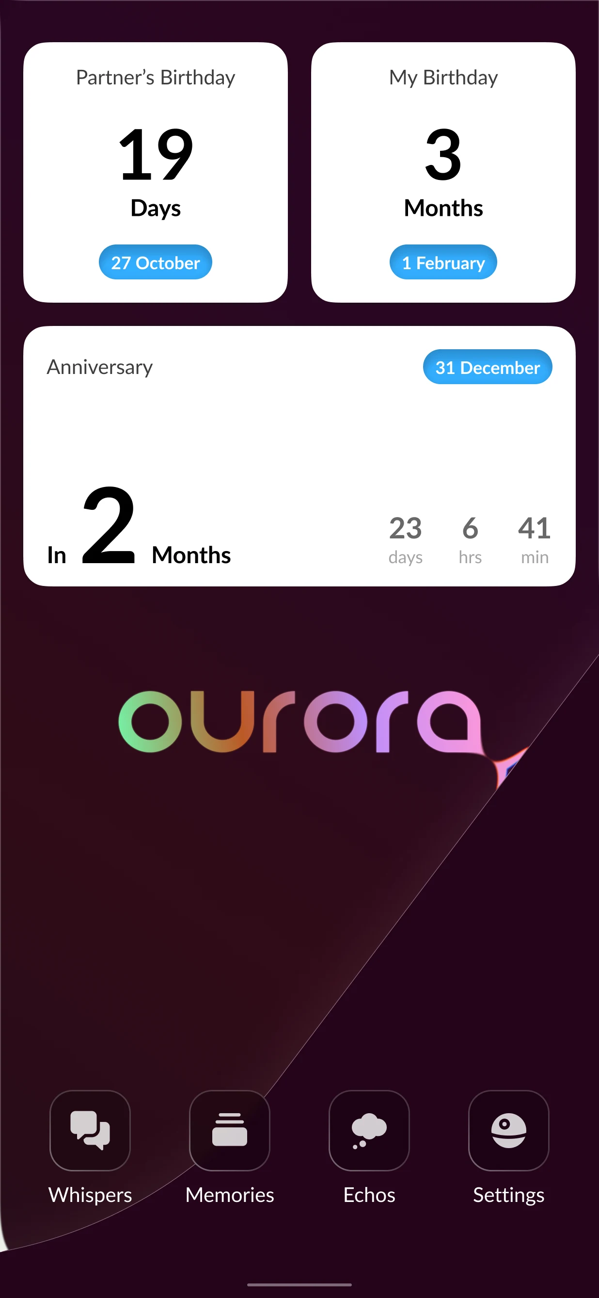 Home screen with birthday and anniversary countdown widgets above the Ourora wordmark and four app icons.