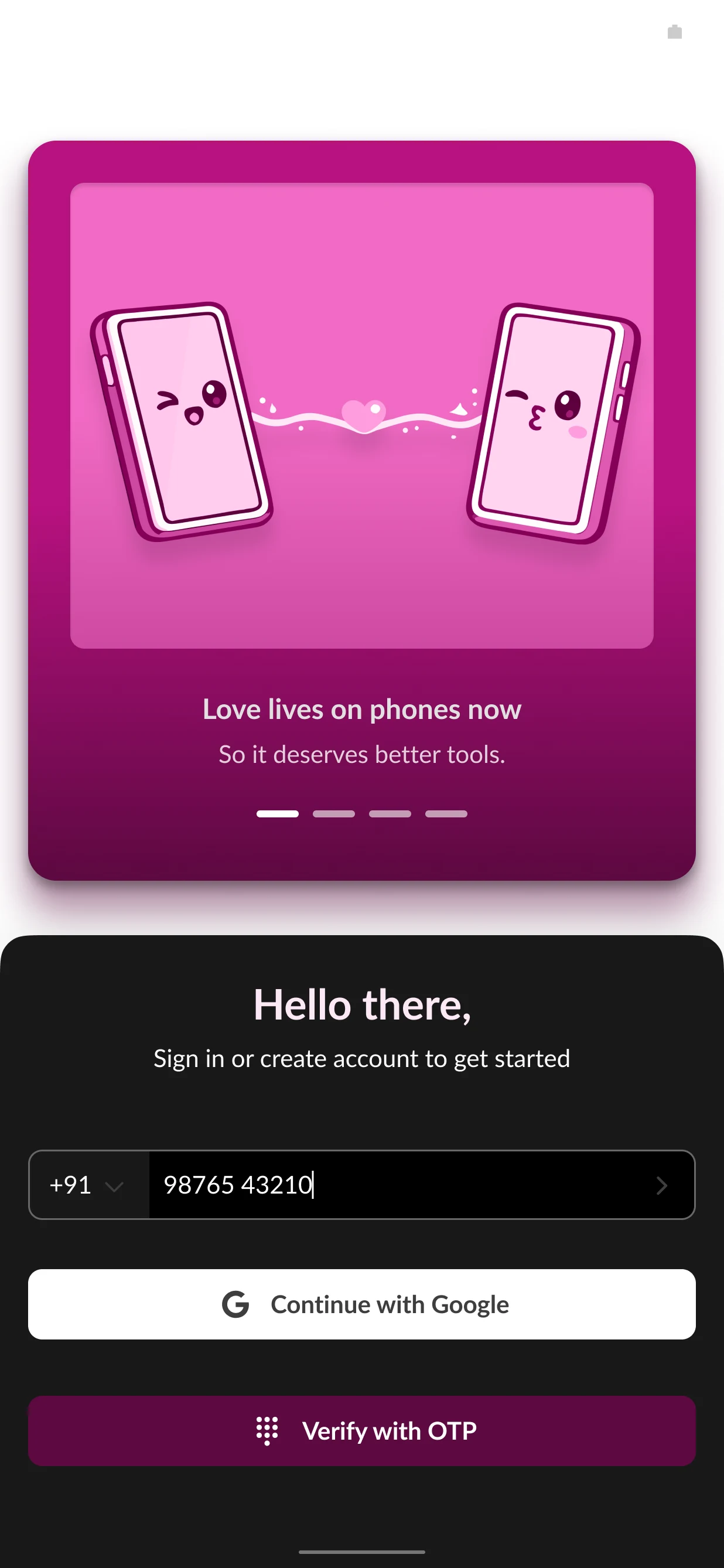 Sign-in screen with an illustrated carousel and phone number, Google and OTP options.