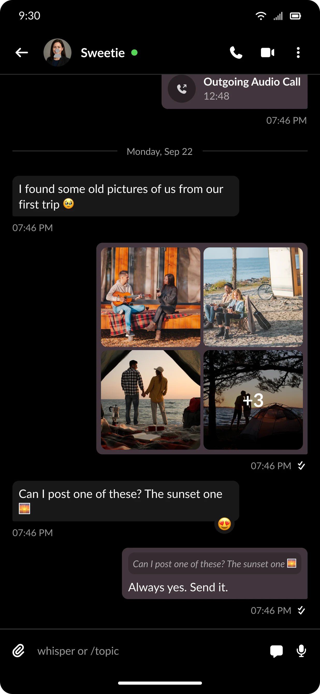 Whispers chat with a shared photo grid and replies.