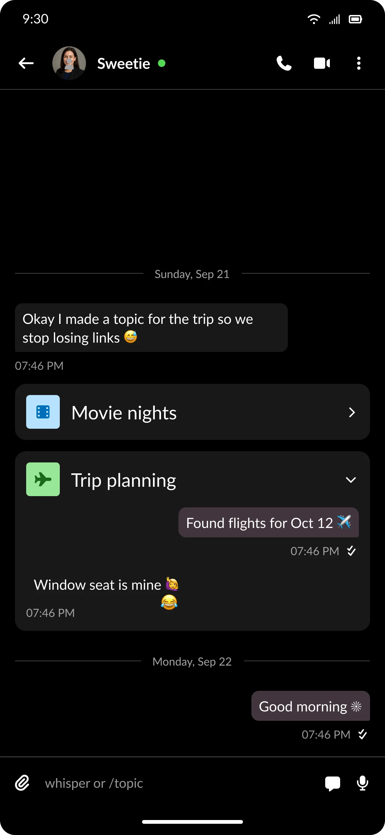 Whispers chat with Movie nights and Trip planning topics inline in the conversation.