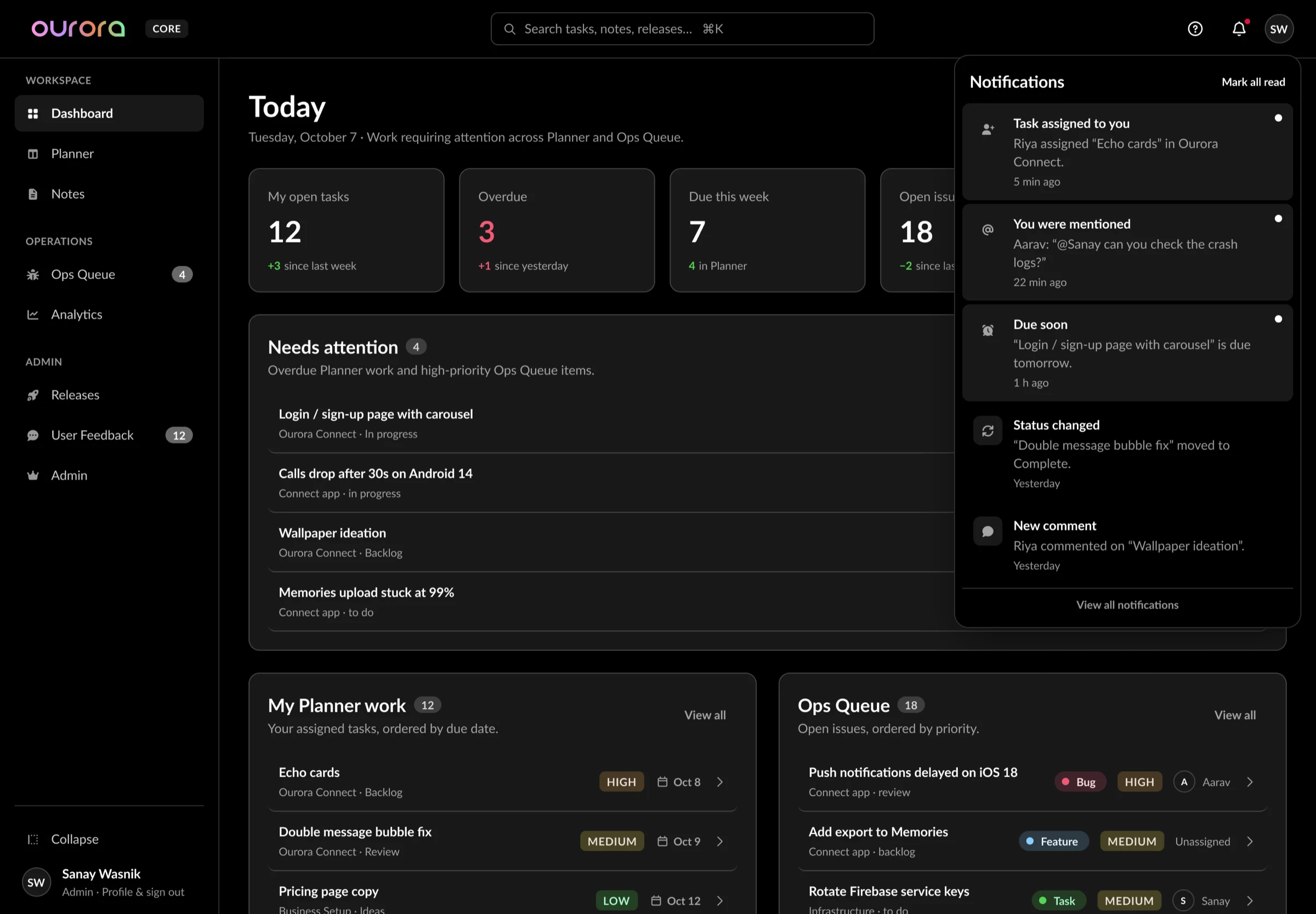Today dashboard with the notifications panel open from the header bell.