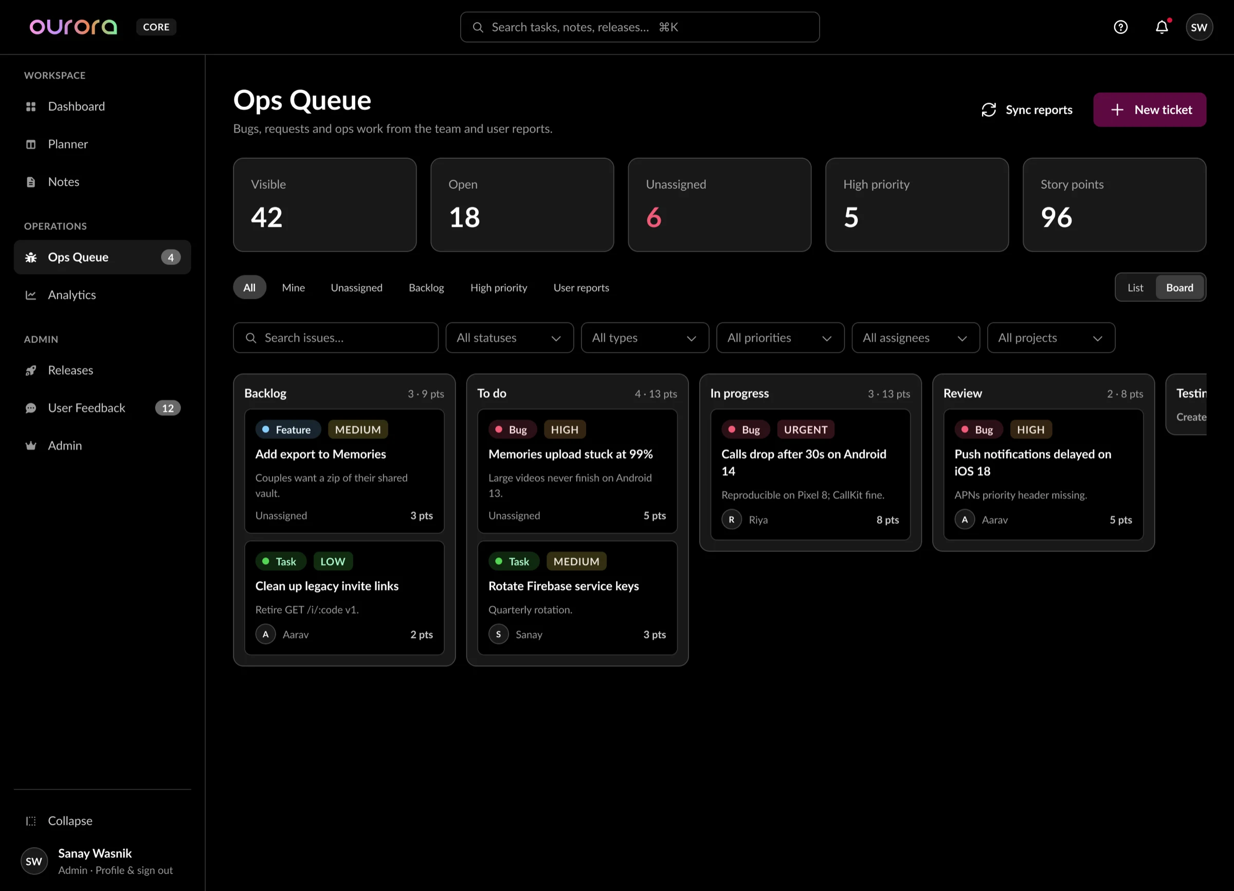 Ops Queue board with issues grouped by status and type badges.