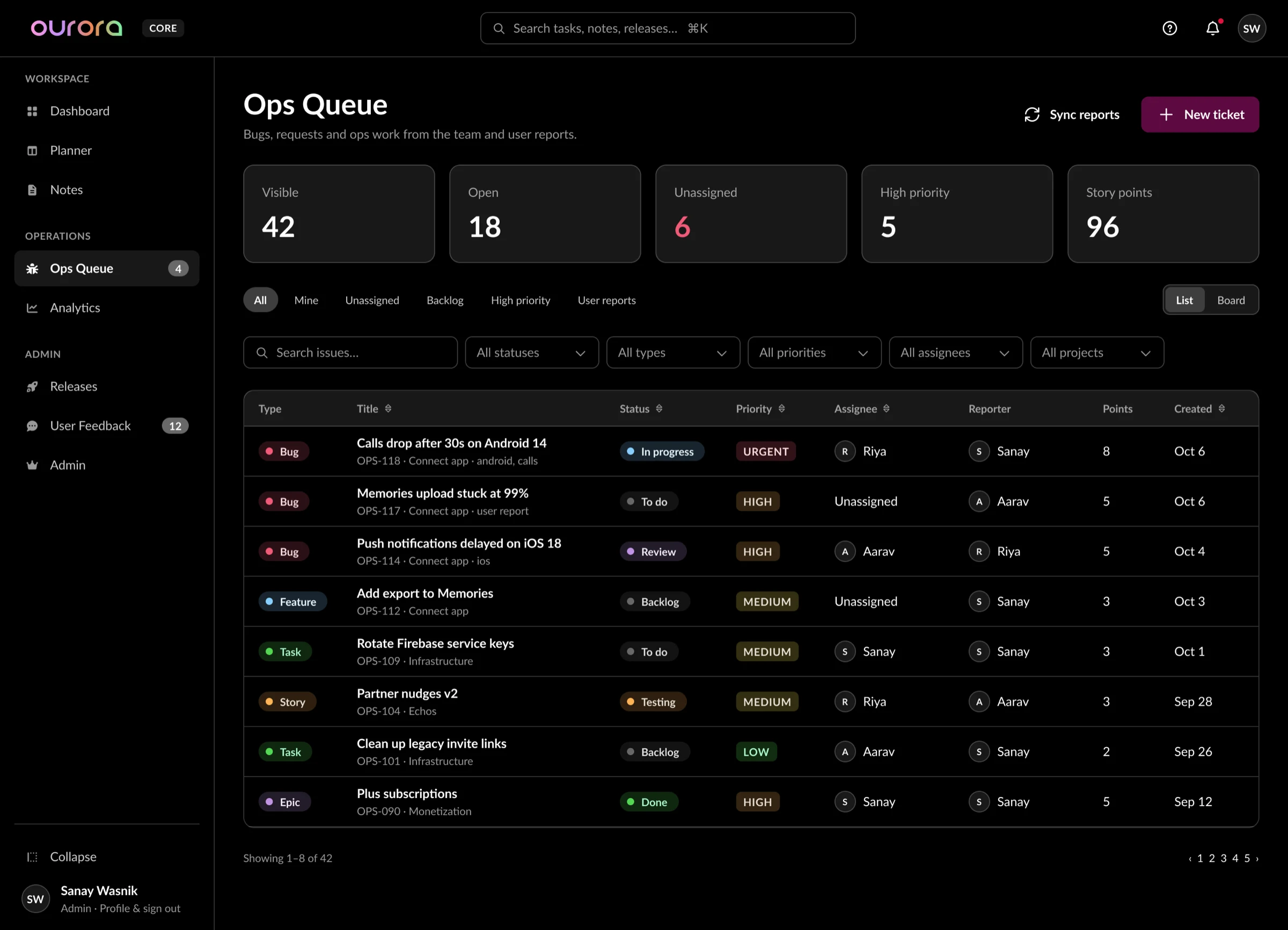 Ops Queue list with a stat strip, filter chips, search and a table of issues.
