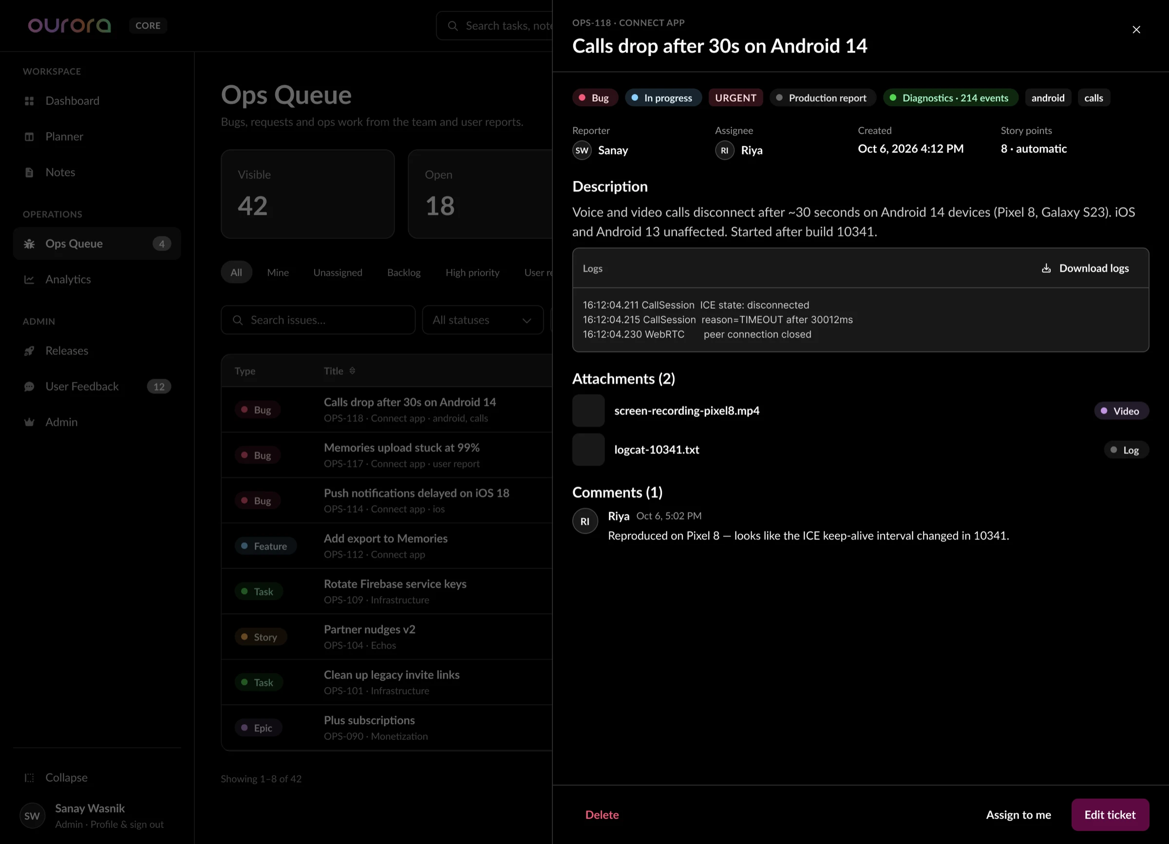 Ticket drawer for a bug report with badges, reporter, assignee, captured logs, two attachments and a comment.
