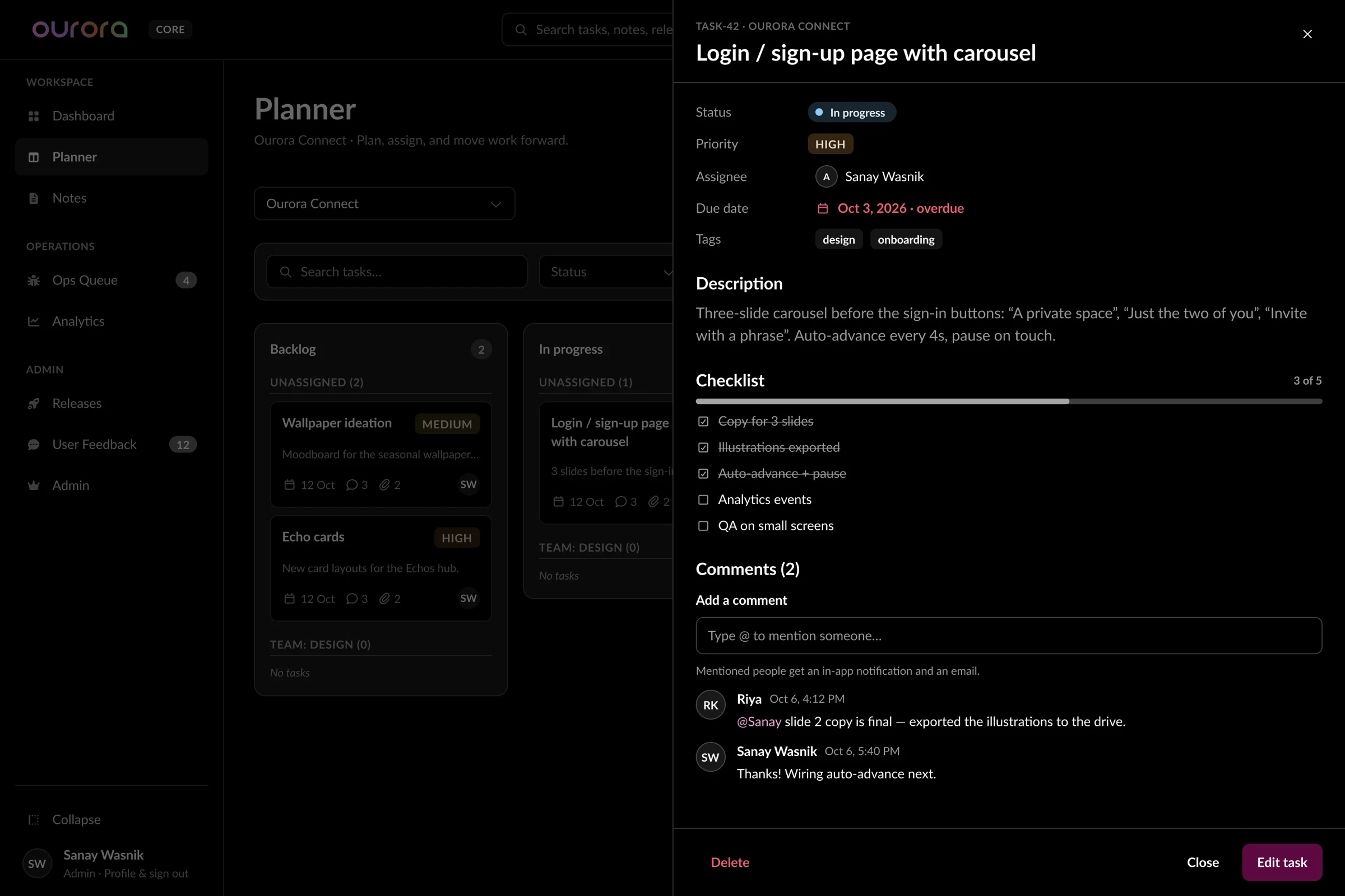Planner task details drawer with status, assignee, due date, description and comments.